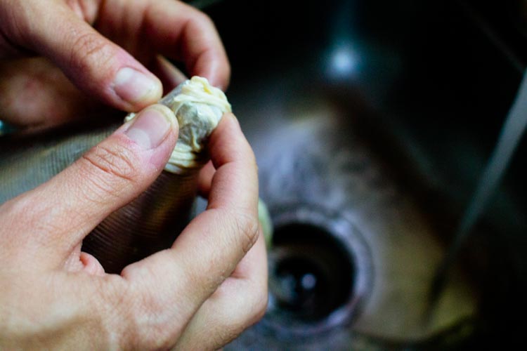 working casing over the nozzle of funnel