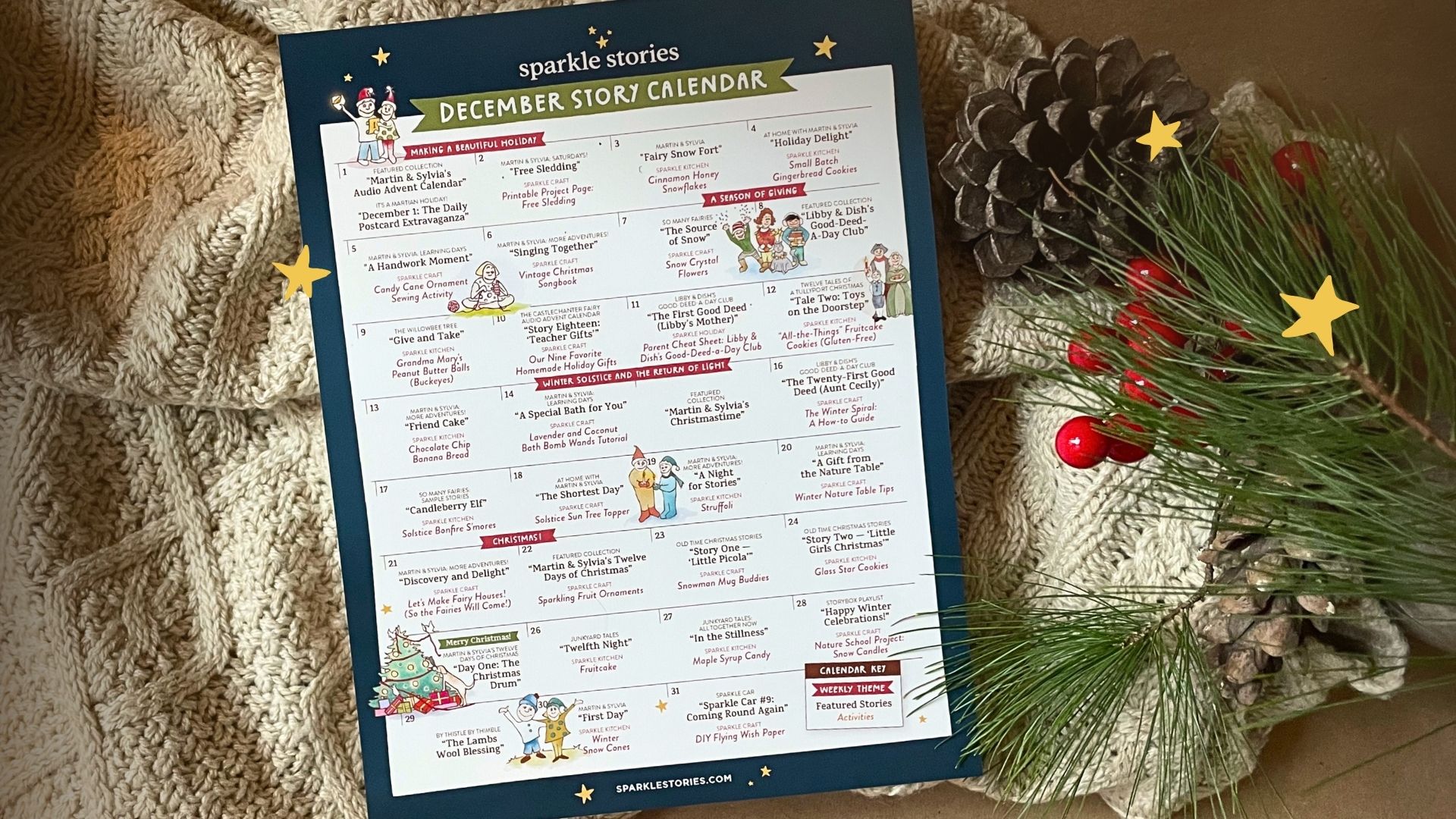 This is a photo of the Sparkle Stories December 2025 Story Calendar, which contains a story a day with an associated craft or recipe for the month of December.